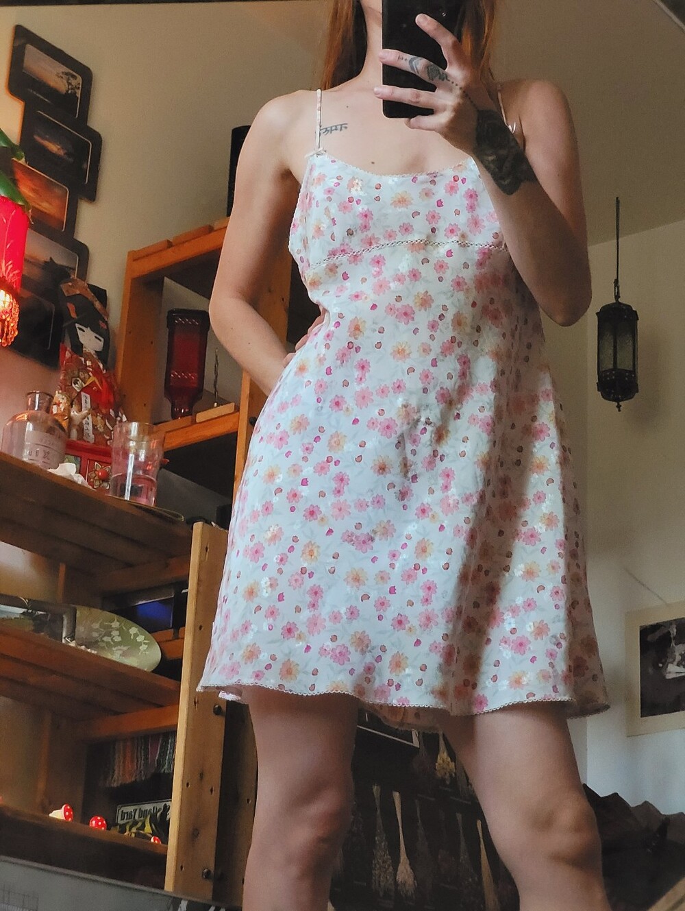 La SENZA Vintage White Pink Floral Chemise Satiny Slip Dress - L - Picture 9 of 9